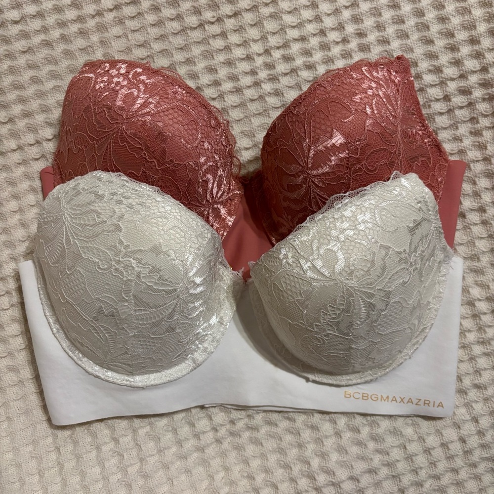 BCBG MAXAZRIA Bras (2) Women's Size 36C Lace Push Up Underwire Pink & White